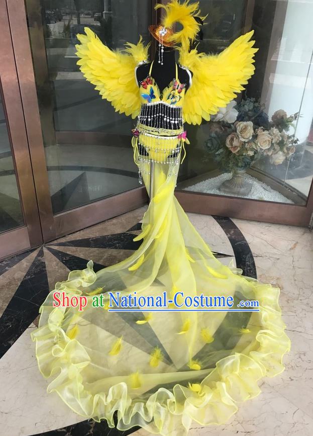 Top Grade Professional Performance Catwalks Costume Yellow Feather Bikini with Wings, Traditional Brazilian Rio Carnival Samba Dance Modern Fancywork Swimsuit Clothing for Kids