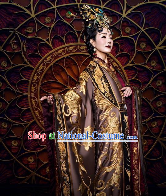 Traditional Ancient Chinese Queen Mother Costume and Handmade Headpiece Complete Set, Elegant Hanfu Clothing Chinese Southern and Northern Dynasty Imperial Empress Dowager Tailing Embroidered Clothing