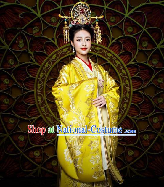 Traditional Ancient Chinese Imperial Empress Costume and Handmade Headpiece Complete Set, Elegant Hanfu Chinese Southern and Northern Dynasty Imperial Women Embroidered Trailing Clothing