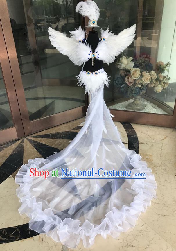 Top Grade Professional Performance Catwalks Costume White Feather Bikini with Wings, Traditional Brazilian Rio Carnival Samba Dance Modern Fancywork Swimsuit Clothing for Kids