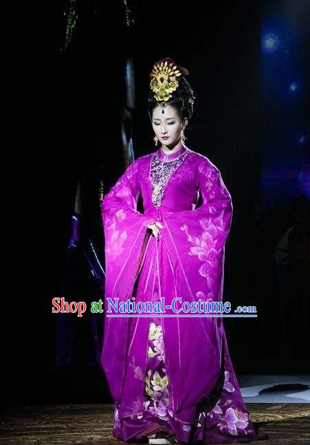 Traditional Ancient Chinese Imperial Queen Costume and Handmade Headpiece Complete Set, Elegant Hanfu Chinese Southern and Northern Dynasty Imperial Consort Embroidered Trailing Clothing