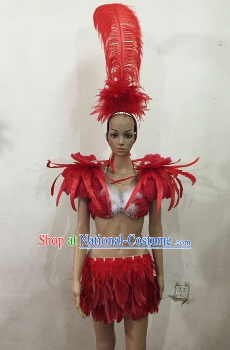 Top Grade Professional Performance Catwalks Costume Red Feather Bikini, Traditional Brazilian Rio Carnival Samba Dance Modern Fancywork Swimsuit Clothing for Women