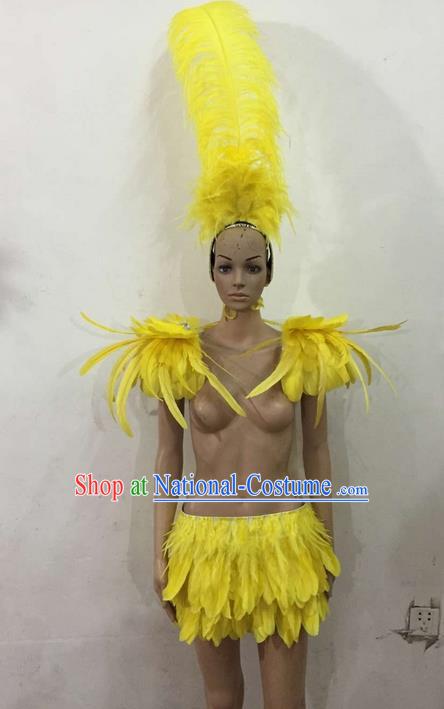 Top Grade Professional Performance Catwalks Costume Yellow Feather Bikini, Traditional Brazilian Rio Carnival Samba Dance Modern Fancywork Swimsuit Clothing for Women