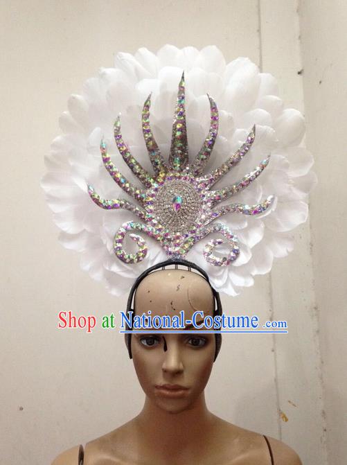 Top Grade Professional Stage Show Halloween Parade White Feather Hair Accessories, Brazilian Rio Carnival Samba Dance Modern Fancywork Decorations Headpiece for Women