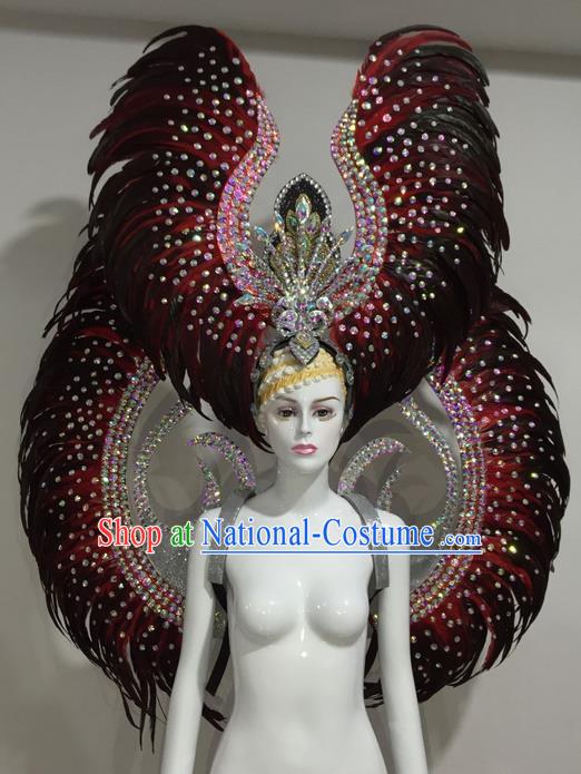 Top Grade Professional Stage Show Halloween Parade Red Feather Wings and Hair Accessories, Brazilian Rio Carnival Samba Dance Modern Fancywork Decorations Props for Women