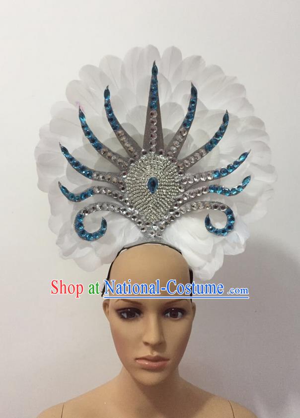 Top Grade Professional Stage Show Halloween Parade Feather Hair Accessories, Brazilian Rio Carnival Samba Dance Modern Fancywork Decorations Blue Headpiece for Women