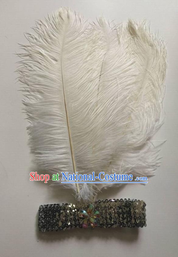 Top Grade Professional Stage Show Halloween Parade White Ostrich Feather Hair Accessories, Brazilian Rio Carnival Samba Dance Modern Fancywork Headwear for Women