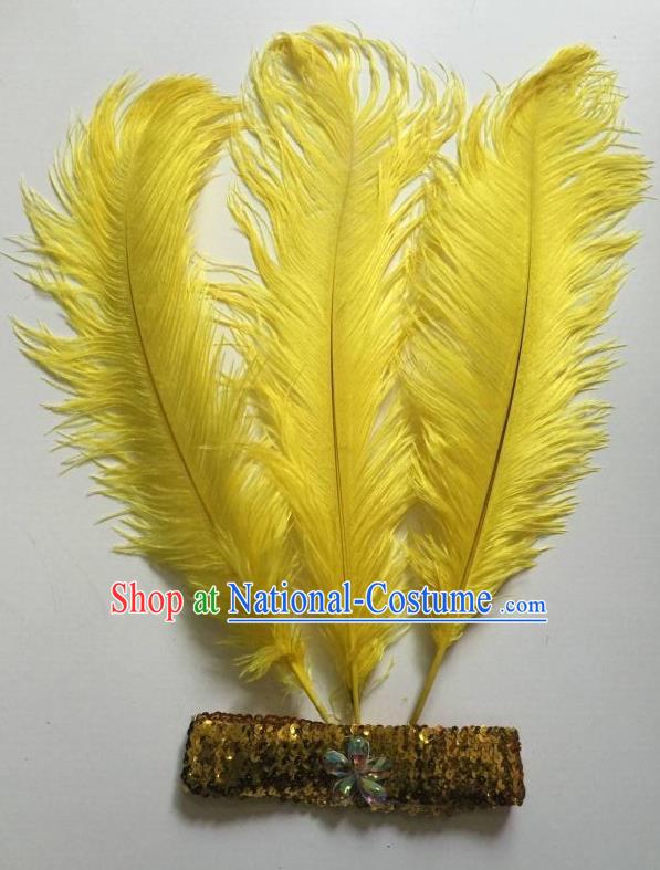 Top Grade Professional Stage Show Halloween Parade Yellow Ostrich Feather Hair Accessories, Brazilian Rio Carnival Samba Dance Modern Fancywork Headwear for Women