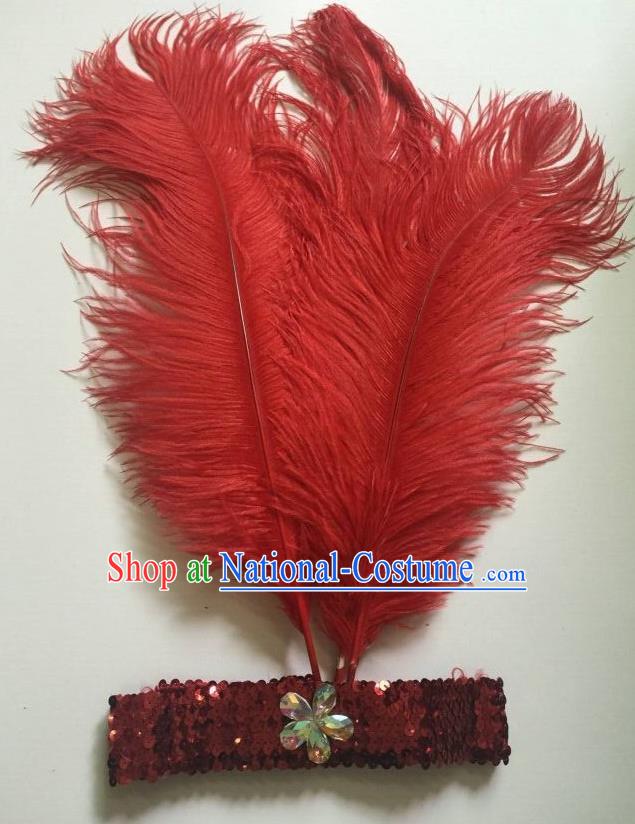 Top Grade Professional Stage Show Halloween Parade Red Ostrich Feather Hair Accessories, Brazilian Rio Carnival Samba Dance Modern Fancywork Headwear for Women