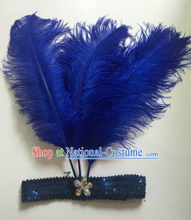 Top Grade Professional Stage Show Halloween Parade Royalblue Ostrich Feather Hair Accessories, Brazilian Rio Carnival Samba Dance Modern Fancywork Headwear for Women