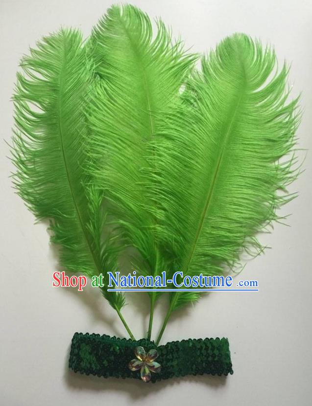 Top Grade Professional Stage Show Halloween Parade Green Ostrich Feather Hair Accessories, Brazilian Rio Carnival Samba Dance Modern Fancywork Headwear for Women