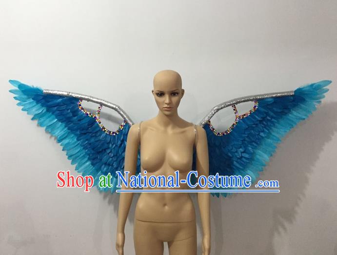 Top Grade Professional Stage Show Halloween Parade Blue Feather Wings Accessories, Brazilian Rio Carnival Samba Dance Modern Fancywork Decorations Props for Women