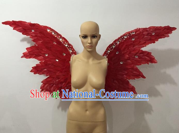 Top Grade Professional Stage Show Halloween Parade Red Feather Wings Accessories, Brazilian Rio Carnival Samba Dance Modern Fancywork Decorations Props for Women