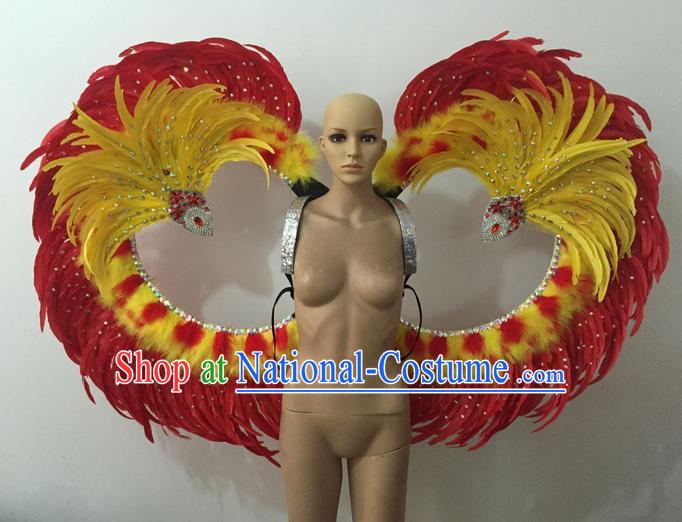 Top Grade Professional Stage Show Halloween Parade Red Feather Wings Accessories, Brazilian Rio Carnival Samba Dance Modern Fancywork Decorations Props for Women