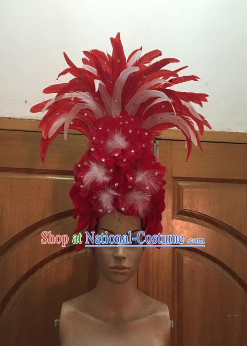 Top Grade Professional Stage Show Halloween Parade Red Ostrich Feather Big Hair Accessories, Brazilian Rio Carnival Samba Dance Modern Fancywork Hat Headwear for Women