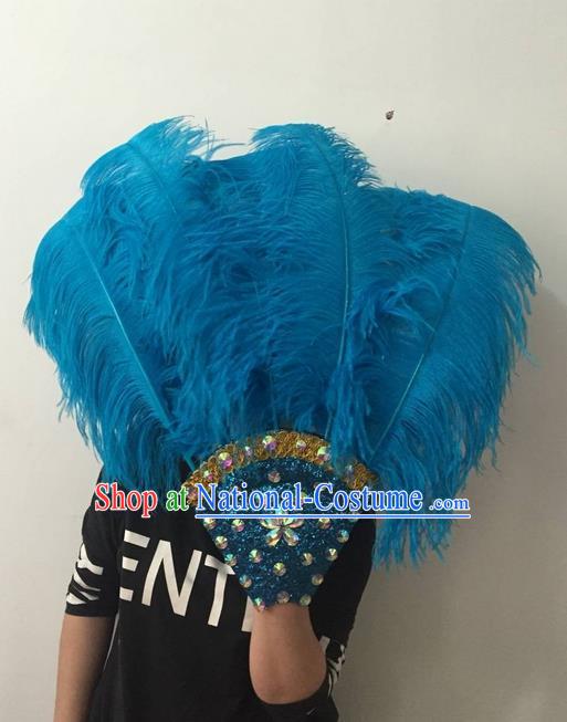 Top Grade Professional Stage Show Halloween Parade Blue Feather Big Hair Accessories, Brazilian Rio Carnival Samba Dance Modern Fancywork Headdress for Women