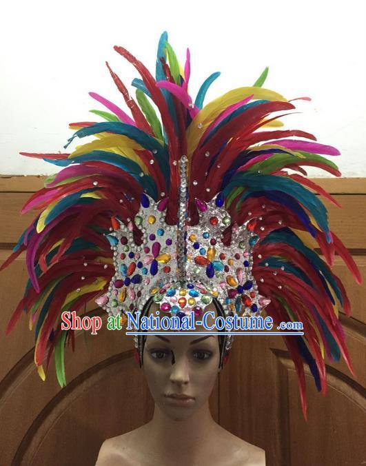 Top Grade Professional Stage Show Halloween Parade Colorful Feather Big Hair Accessories, Brazilian Rio Carnival Samba Dance Modern Fancywork Crystal Headdress for Women