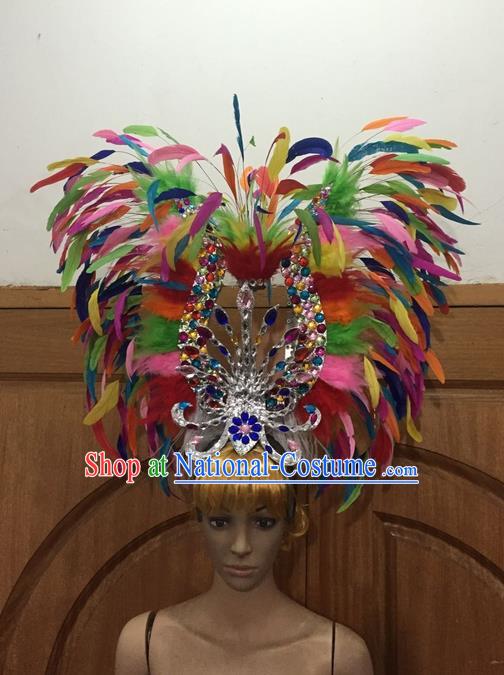 Top Grade Professional Stage Show Halloween Parade Colorful Feather Big Hair Accessories, Brazilian Rio Carnival Samba Dance Modern Fancywork Crystal Giant Headdress for Women