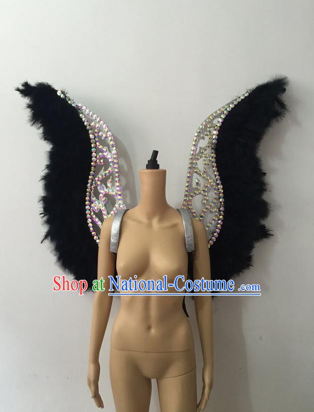 Top Grade Professional Stage Show Halloween Parade Black Feather Backplane, Brazilian Rio Carnival Samba Dance Modern Fancywork Golden Wings Props Decorations for Women