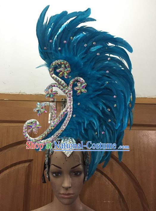 Top Grade Brazilian Rio Carnival Samba Dance Hair Accessories, Halloween Parade Giant Blue Feather Headpiece for Women