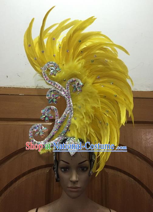 Top Grade Brazilian Rio Carnival Samba Dance Hair Accessories, Halloween Parade Giant Yellow Feather Headpiece for Women