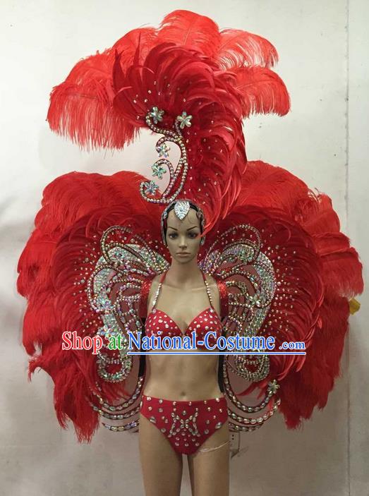 Top Grade Professional Performance Catwalks Costume Red Feather Bikini and Wings, Traditional Brazilian Rio Carnival Samba Dance Modern Fancywork Swimsuit Clothing for Women