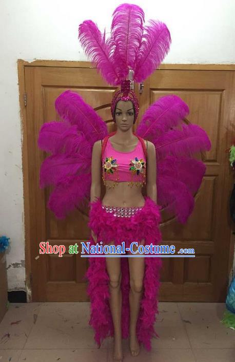 Top Grade Professional Performance Catwalks Costume Rosy Feather Bikini and Wings, Traditional Brazilian Rio Carnival Samba Dance Modern Fancywork Swimsuit Clothing for Women