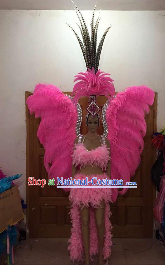 Top Grade Professional Performance Catwalks Costume Pink Feather Bikini and Wings, Traditional Brazilian Rio Carnival Samba Dance Modern Fancywork Swimsuit Clothing for Women