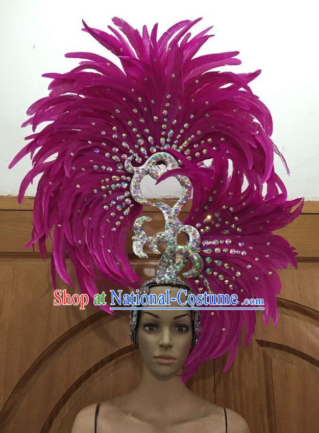 Top Grade Professional Stage Show Halloween Parade Big Hair Accessories, Brazilian Rio Carnival Samba Dance Modern Fancywork Rosy Feather Giant Headpiece for Kids