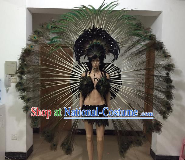 Top Grade Professional Performance Catwalks Costume Black Feather Bikini and Wings, Traditional Brazilian Rio Carnival Samba Dance Modern Fancywork Swimsuit Clothing for Women