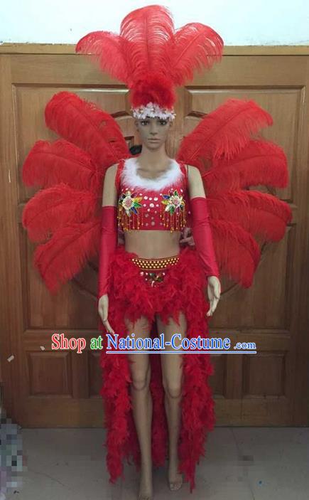 Top Grade Professional Performance Catwalks Costume Red Feather Bikini and Wings, Traditional Brazilian Rio Carnival Samba Dance Modern Fancywork Swimsuit Headpiece for Women