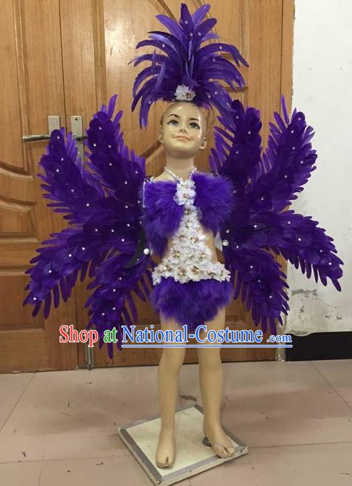 Top Grade Professional Performance Catwalks Costume Purple Feather Bikini with Wings, Traditional Brazilian Rio Carnival Samba Dance Modern Fancywork Clothing and Headpiece for Kids