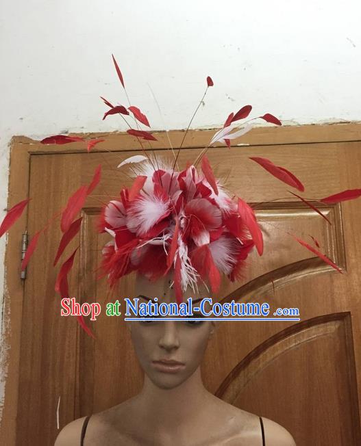 Top Grade Professional Stage Show Halloween Parade Hair Accessories, Brazilian Rio Carnival Samba Dance Modern Fancywork Red Feather Giant Headwear for Women