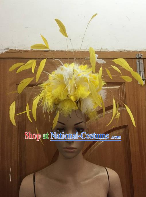 Top Grade Professional Stage Show Halloween Parade Hair Accessories, Brazilian Rio Carnival Samba Dance Modern Fancywork Yellow Feather Giant Headwear for Women