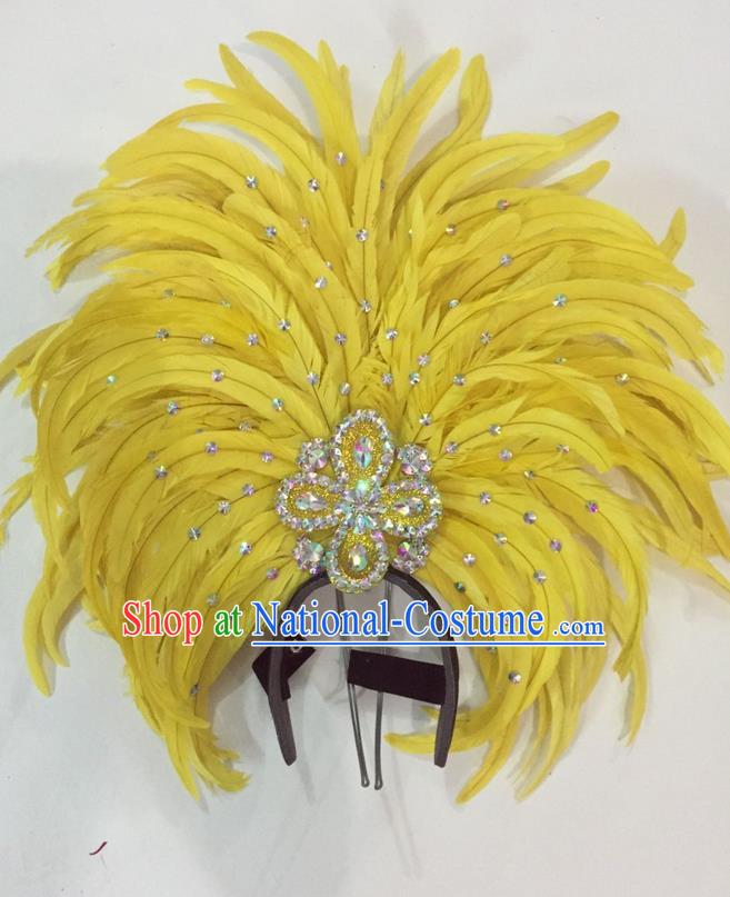 Top Grade Brazilian Rio Carnival Samba Dance Hair Accessories Giant Headpiece Headwear, Halloween Parade Big Yellow Feather Headdress for Women