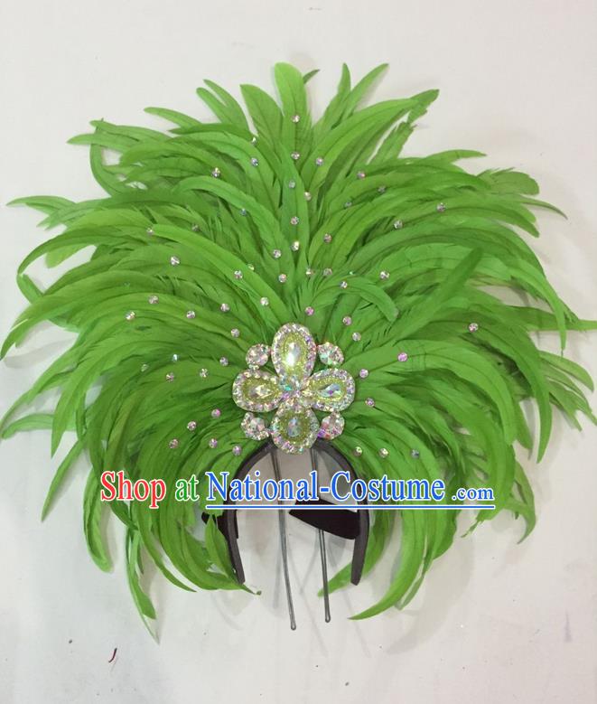 Top Grade Brazilian Rio Carnival Samba Dance Hair Accessories Giant Headpiece Headwear, Halloween Parade Big Light Green Feather Headdress for Women