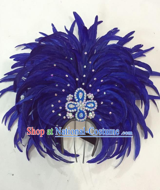 Top Grade Brazilian Rio Carnival Samba Dance Hair Accessories Giant Headpiece Headwear, Halloween Parade Big Royalblue Feather Headdress for Women