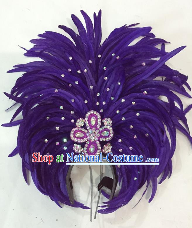 Top Grade Brazilian Rio Carnival Samba Dance Hair Accessories Giant Headpiece Headwear, Halloween Parade Big Purple Feather Headdress for Women