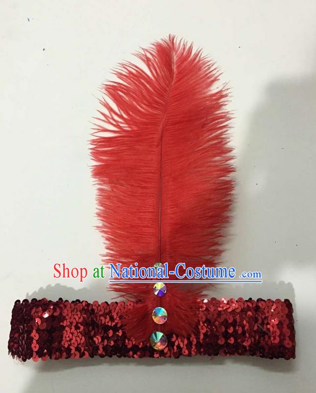 Top Grade Brazilian Rio Carnival Samba Dance Red Feather Hair Accessories Headpiece, Halloween Parade Crystal Headwear for Women