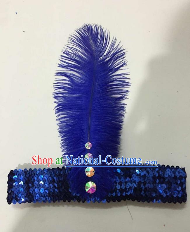 Top Grade Brazilian Rio Carnival Samba Dance Royalblue Feather Hair Accessories Headpiece, Halloween Parade Crystal Headwear for Women