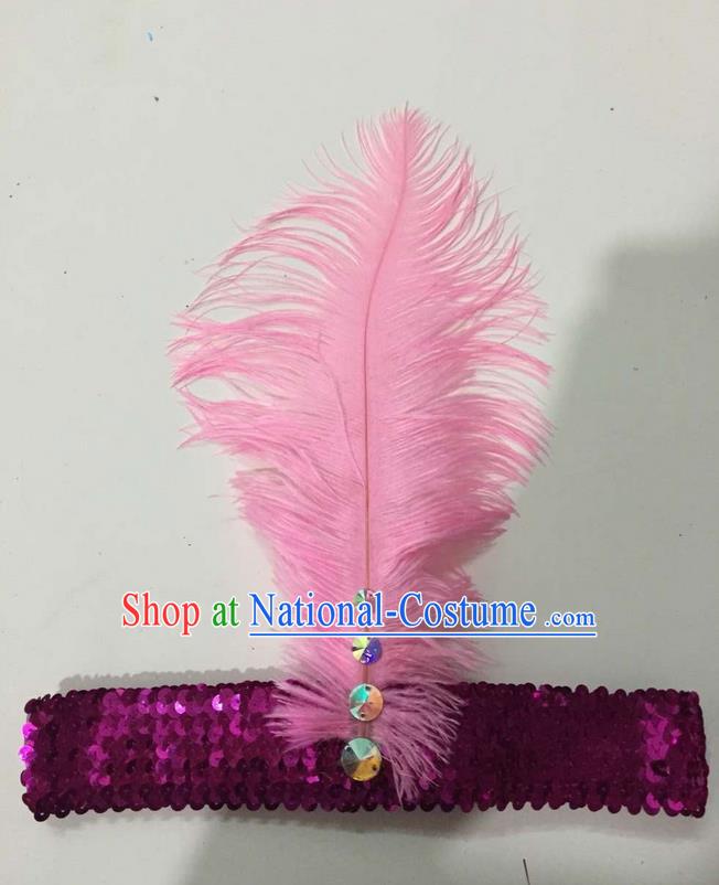 Top Grade Brazilian Rio Carnival Samba Dance Pink Feather Hair Accessories Headpiece, Halloween Parade Crystal Headwear for Women