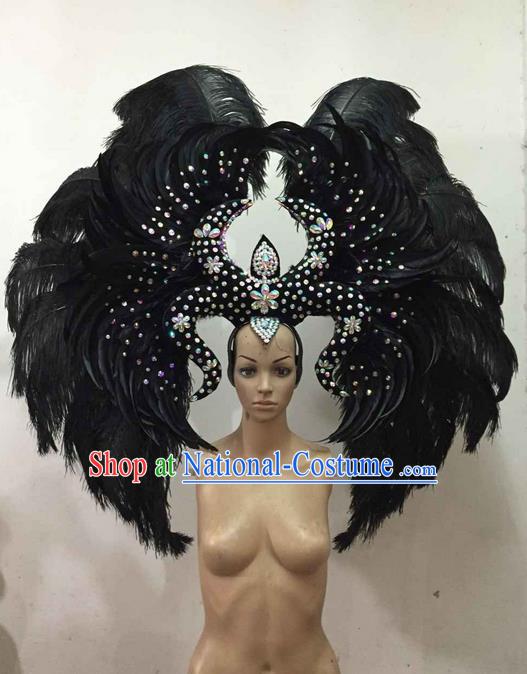 Top Grade Brazilian Rio Carnival Samba Dance Black Feather Big Hair Accessories Headpiece, Halloween Parade Giant Headwear for Women