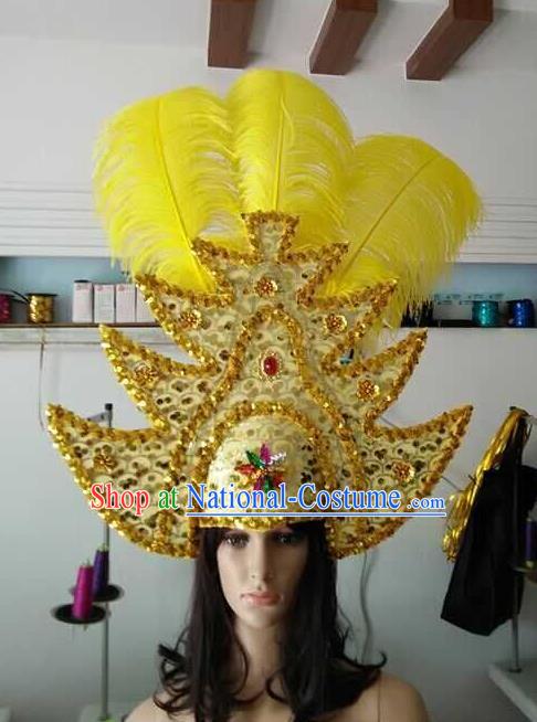 Top Grade Brazilian Rio Carnival Samba Dance Yellow Hair Accessories Headpiece, Halloween Parade Headwear for Women