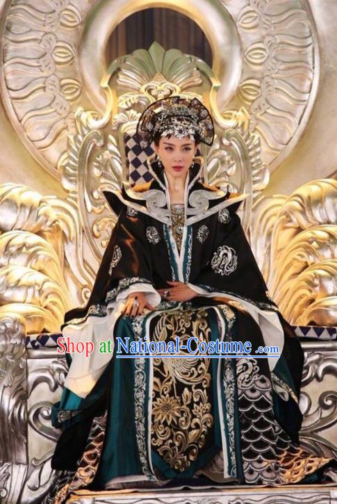 Traditional Ancient Chinese Tang Dynasty Imperial Empress Costume and Handmade Headpiece Complete Set, Fighter of the Destiny Queen Embroidered Phoenix Clothing