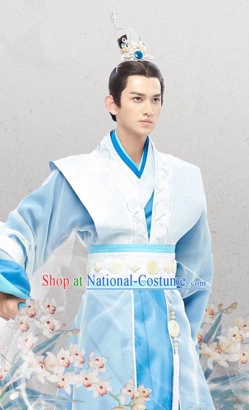 Traditional Chinese Ancient Warring States Time Nobility Childe Costumes, Song of Phoenix Chu State Dandies Hanfu Clothing and Handmade Headpiece Complete Set