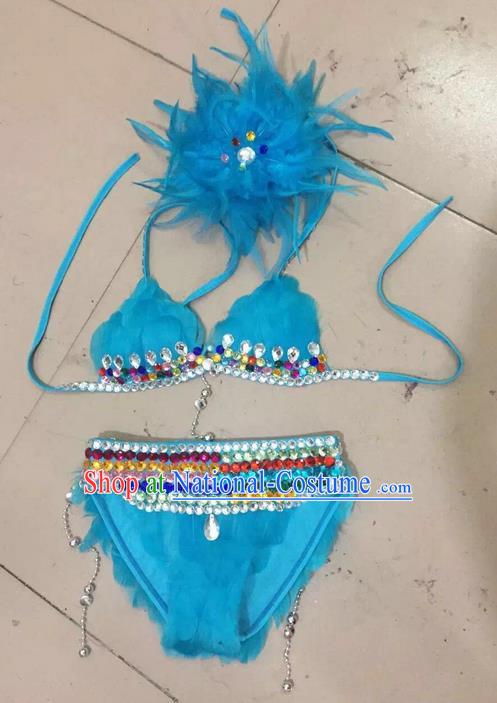 Top Grade Professional Performance Catwalks Costume Blue Swimsuit and Feather Headwear, Traditional Brazilian Rio Carnival Samba Belly Dance Bikini Clothing for Kids