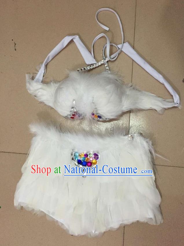 Top Grade Professional Performance Catwalks Costume White Feather Bikini, Traditional Brazilian Rio Carnival Samba Dance Modern Fancywork Swimsuit for Women