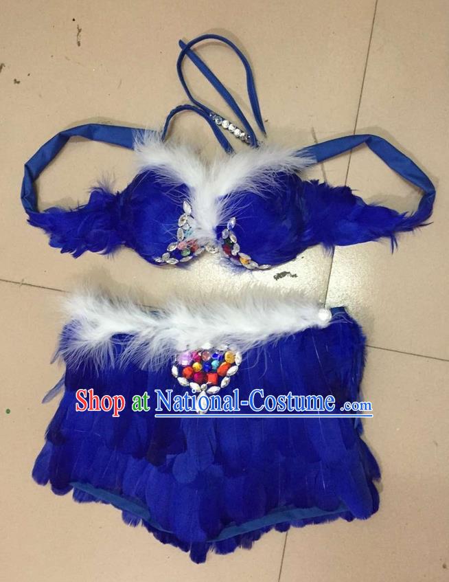 Top Grade Professional Performance Catwalks Costume Royalblue Feather Bikini, Traditional Brazilian Rio Carnival Samba Dance Modern Fancywork Swimsuit for Women