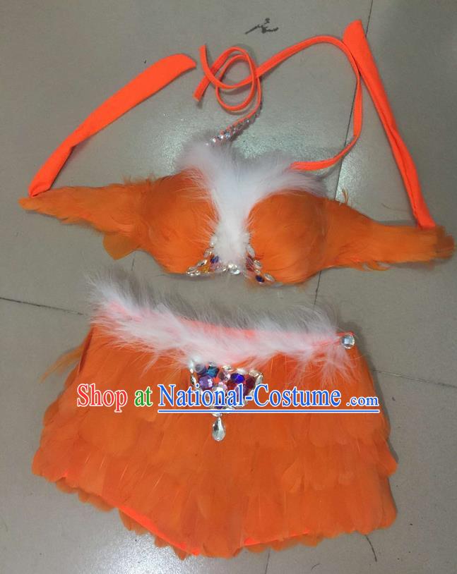 Top Grade Professional Performance Catwalks Costume Orange Feather Bikini, Traditional Brazilian Rio Carnival Samba Dance Modern Fancywork Swimsuit for Women