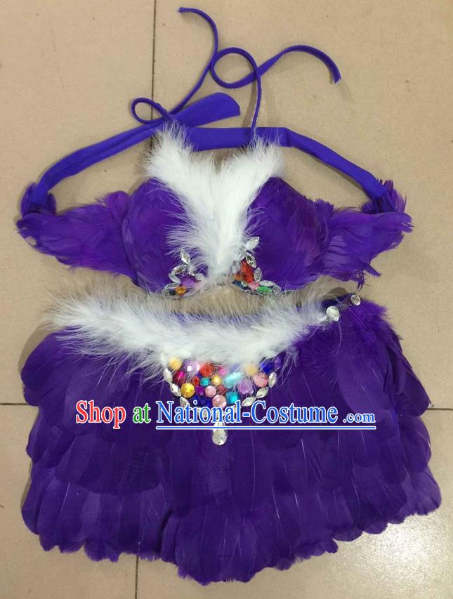 Top Grade Professional Performance Catwalks Costume Purple Feather Bikini, Traditional Brazilian Rio Carnival Samba Dance Modern Fancywork Swimsuit for Women